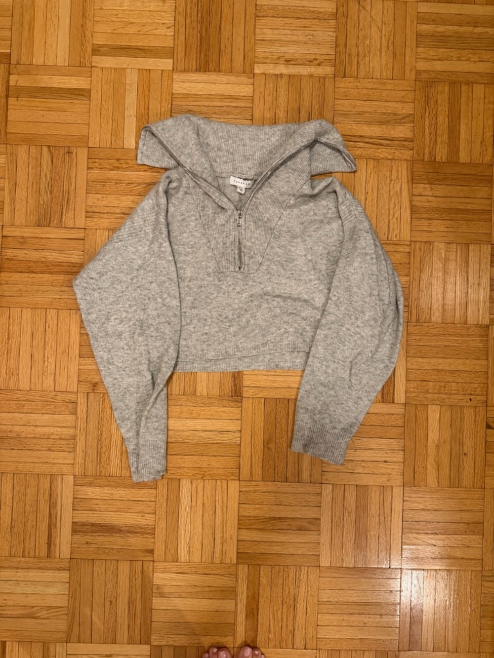 Cropped Half-Zip Hoodie Sweater - Light Gray